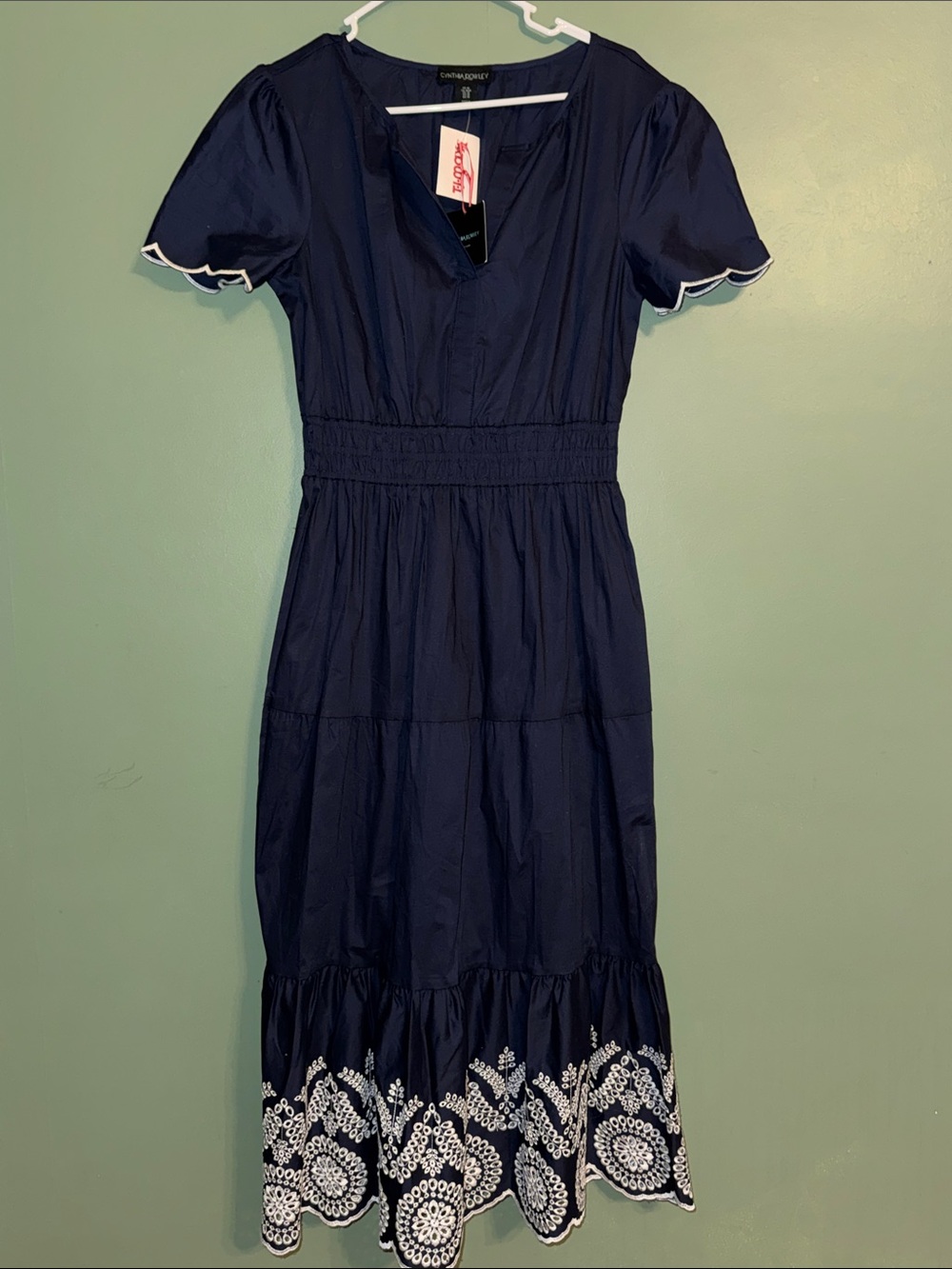 Cynthia Rowley V Neck Elastic Waist Smocked Embroidered Dress NWT Medium